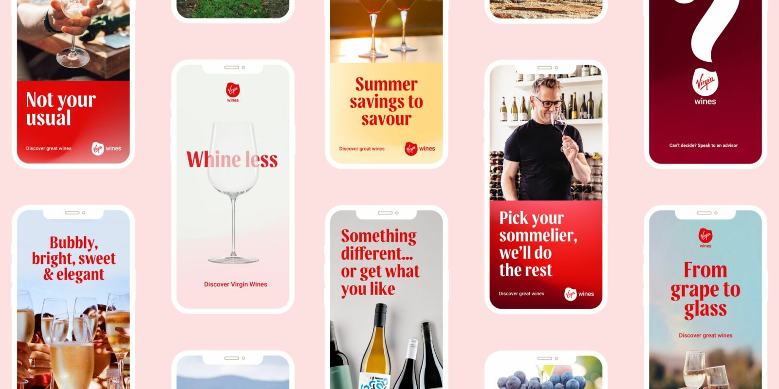 Collage of wine-themed phone screens on a pink background. Images show wine glasses, bottles, vineyards, grapes, and people toasting, conveying a vibrant, joyful tone. Keywords: wine, vineyard, glasses, celebration.