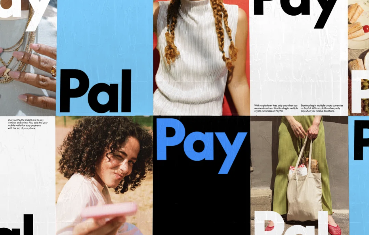 A collage of PayPal-themed posters features diverse individuals in dynamic poses. Bold “Pay” and “Pal” text in black and blue on textured backgrounds.