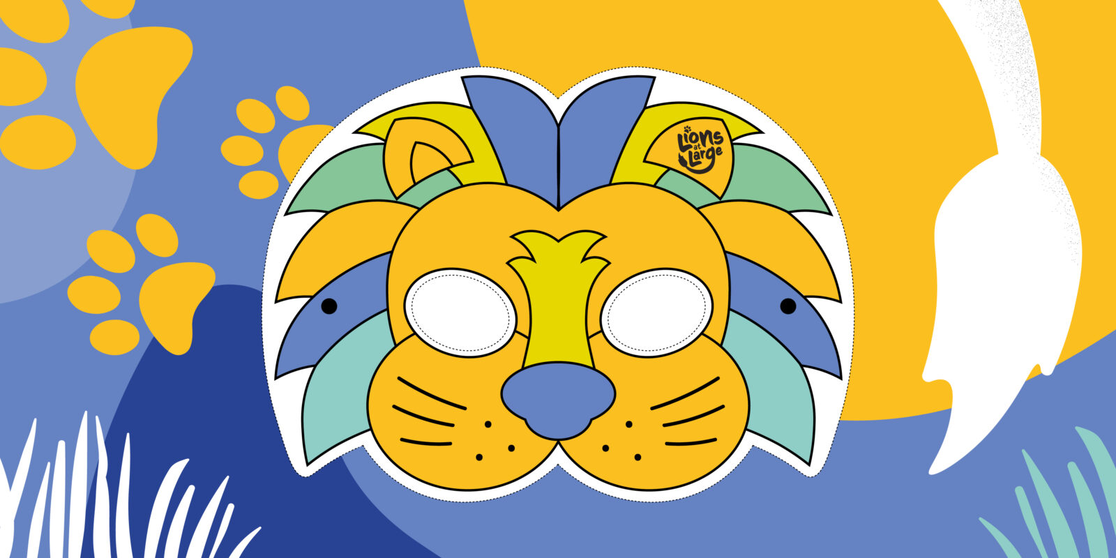 Colourful lion mask illustration with eye cutouts, featuring yellow, blue, and green elements. Background has yellow paw prints and abstract shapes. Vibrant and playful tone.