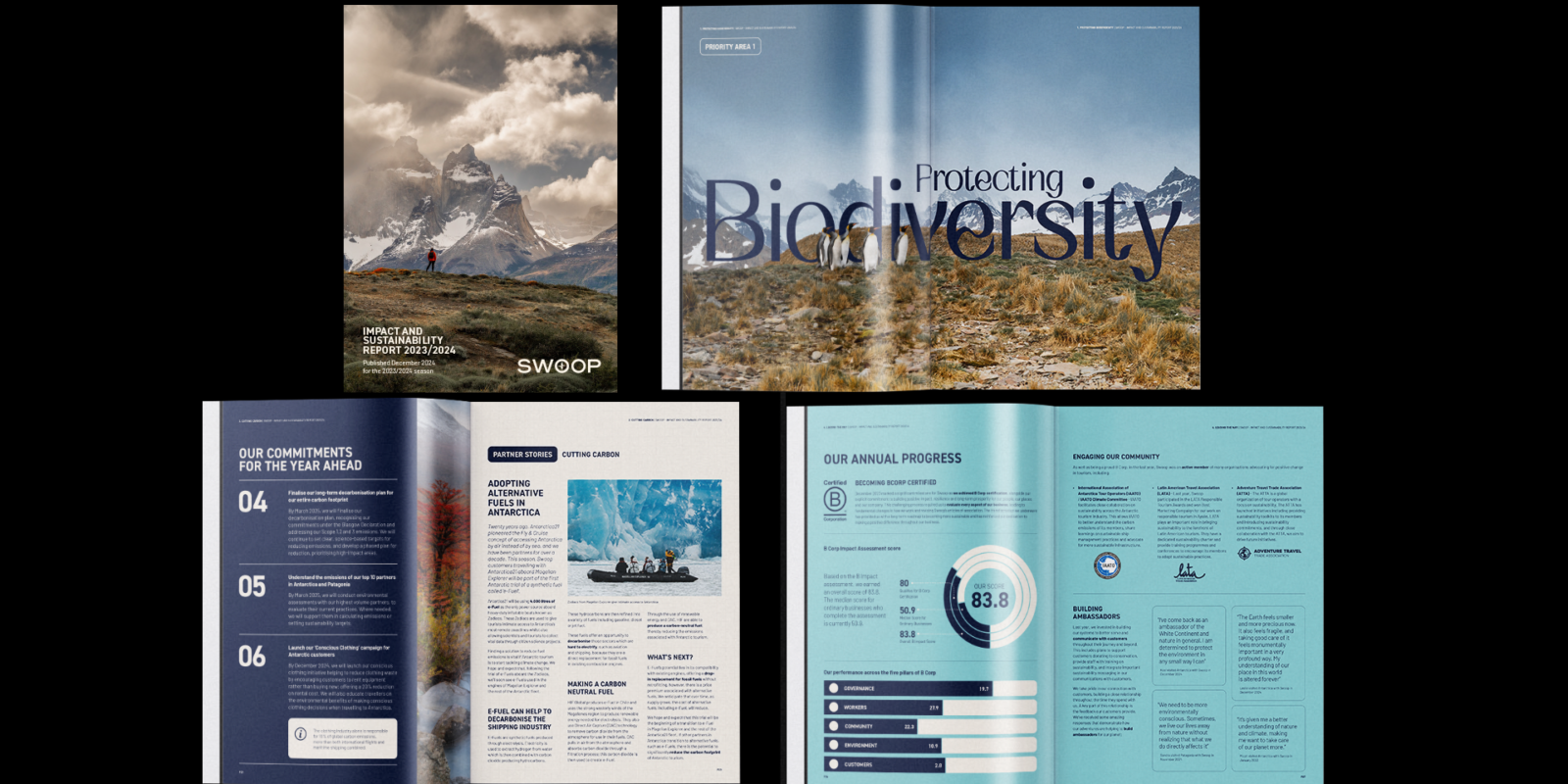 A nature-themed sustainability report spread. The cover has a snowy mountain landscape, while inside pages highlight biodiversity and annual progress with graphs.