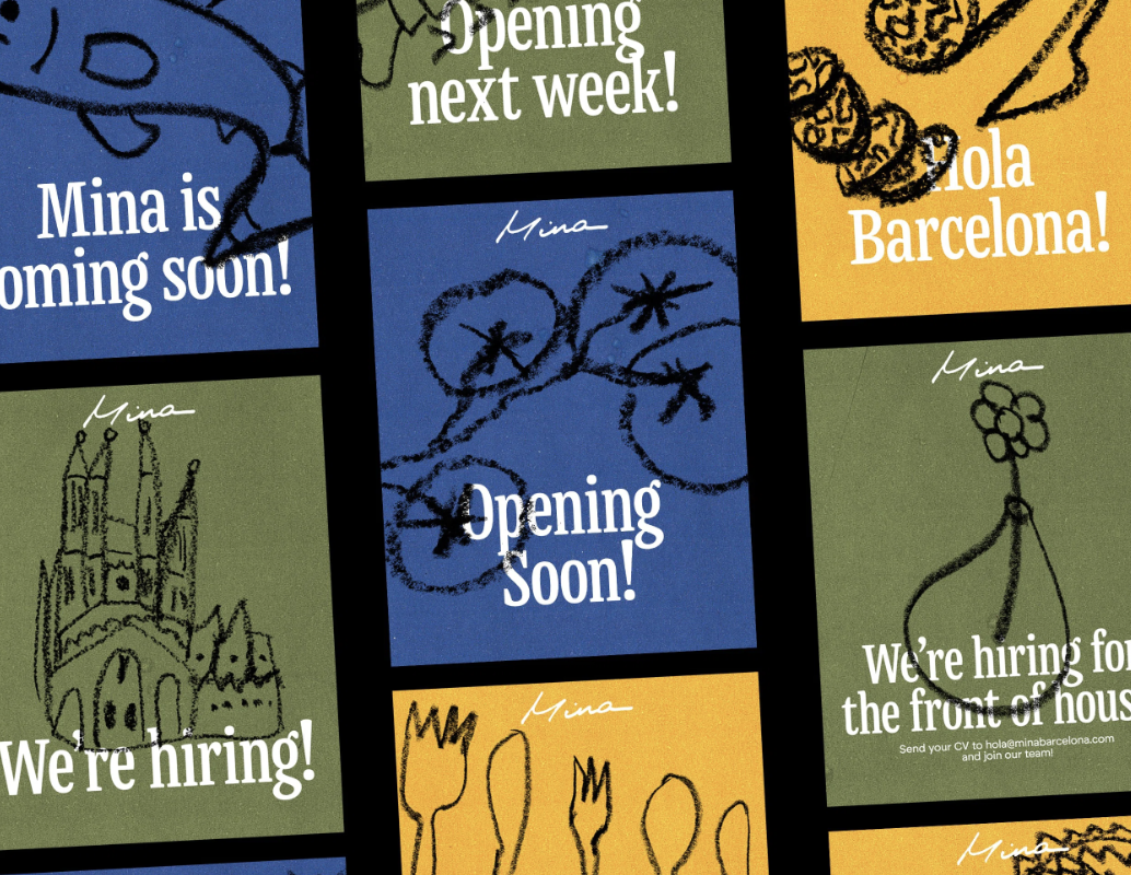 Collage of colourful restaurant announcement posters with playful sketches. Text includes "Opening soon!" "Hola Barcelona," and "We're hiring."