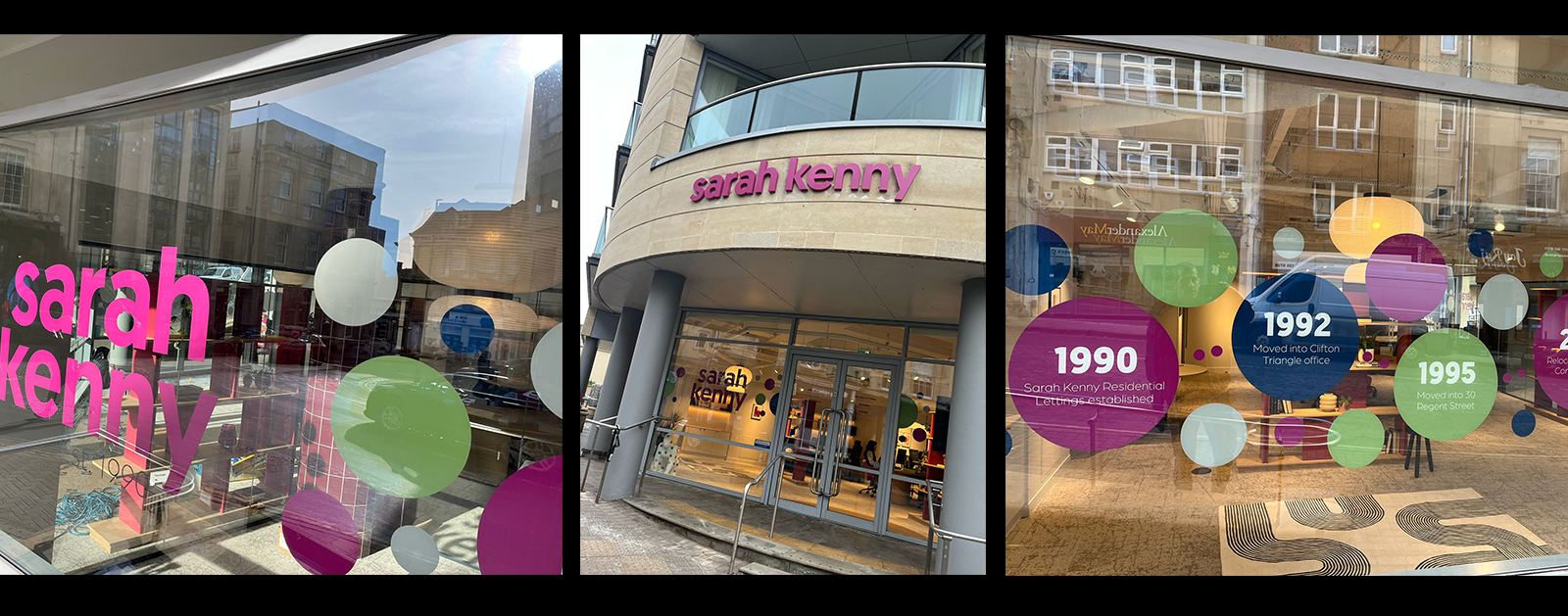 Estate agent front with "Sarah Kenny" in bold pink lettering on large windows. Colourful circles highlight years and milestones, creating a vibrant, modern feel.