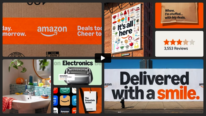 A collage with Amazon-themed ads: a box with logo, outdoor billboards, star-rating graphic, a bathroom scene with electronics ad, and a delivery slogan. Bright, promotional vibe.