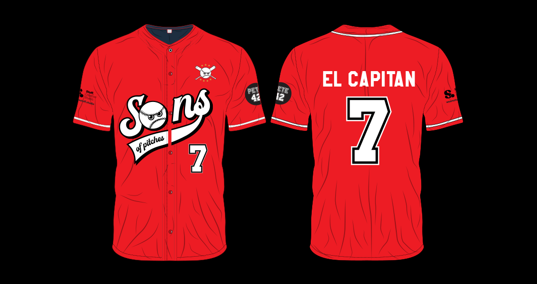 Red baseball jersey with "Sons of Pitches" and a baseball graphic on the front. Number 7 is on both sides. Back reads "El Capitan." Fun, sporty feel.